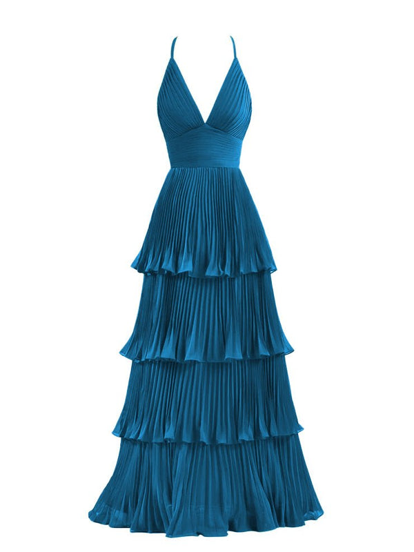 Dark Green A-Line Tiered Floor Length Chiffon Bridesmaid Dress – Prom Dress by KissProm | Available at KissProm