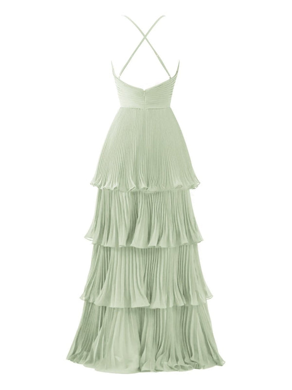 Dark Green A-Line Tiered Floor Length Chiffon Bridesmaid Dress – Prom Dress by KissProm | Available at KissProm