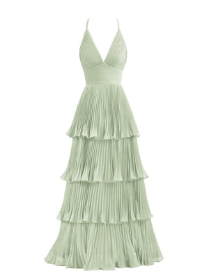 Dark Green A-Line Tiered Floor Length Chiffon Bridesmaid Dress – Prom Dress by KissProm | Available at KissProm