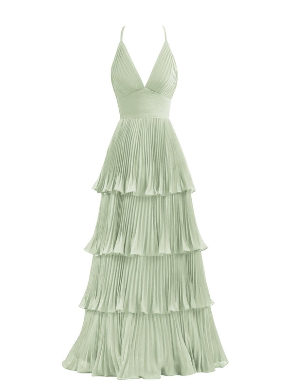 Dark Green A-Line Tiered Floor Length Chiffon Bridesmaid Dress – Prom Dress by KissProm | Available at KissProm
