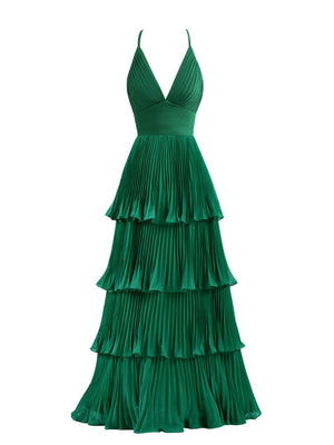 Dark Green A-Line Tiered Floor Length Chiffon Bridesmaid Dress – Prom Dress by KissProm | Available at KissProm
