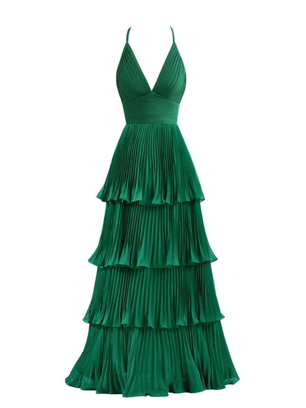 Dark Green A-Line Tiered Floor Length Chiffon Bridesmaid Dress – Prom Dress by KissProm | Available at KissProm
