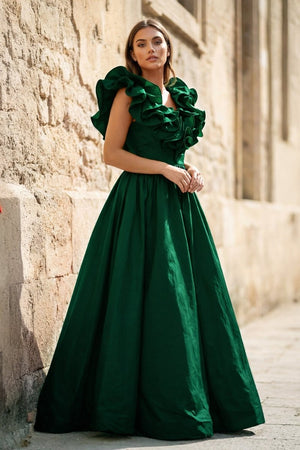 Red Ruffle V Neck Satin A - Line Long Prom Dresses - KissProm