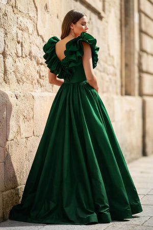 Red Ruffle V Neck Satin A - Line Long Prom Dresses - KissProm