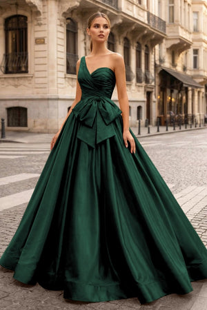 One Shoulder Satin A Line Prom Dress With Bow - KissProm