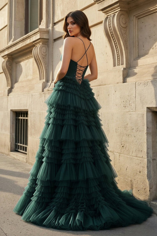 Dark Green Sweetheart Ruffle Tiered Tulle Long Prom Dresses with Slit - KissProm