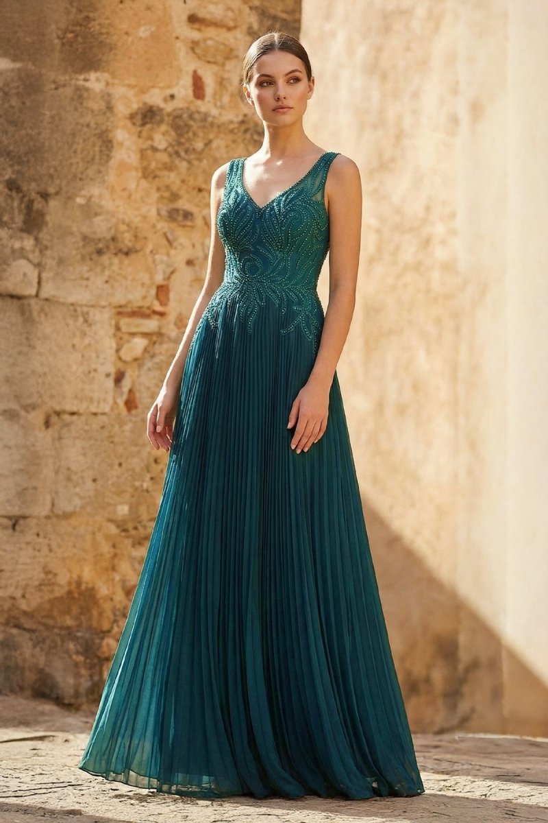 Dark Green A - line V - neck Chiffon Prom Dress - KissProm