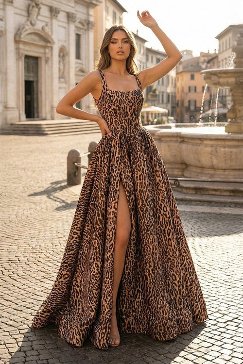 Dazira | Leopard - Square Neck Satin A Line Long Prom Dresses With Slit - KissProm