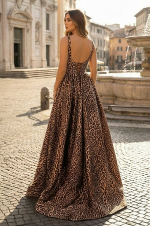 Dazira | Leopard - Square Neck Satin A Line Long Prom Dresses With Slit - KissProm