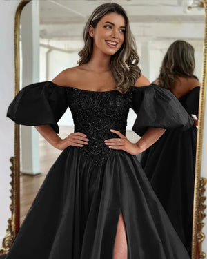 A-Line Off The Shoulder Taffeta Prom Dress With Short Puffy Sleeves – Prom Dress by KissProm | Available at KissProm