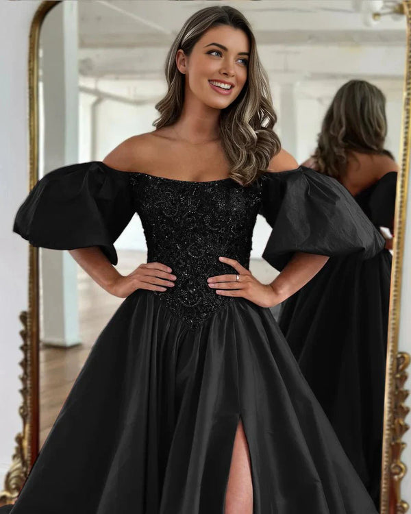 A-Line Off The Shoulder Taffeta Prom Dress With Short Puffy Sleeves – Prom Dress by KissProm | Available at KissProm