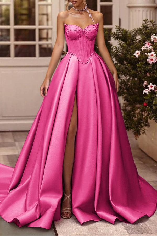 A-Line Lilac Sweetheart Satin Long Corset Prom Dress with Slit (Gloves are not Included) – Prom Dresses by KissProm | Available at KissProm