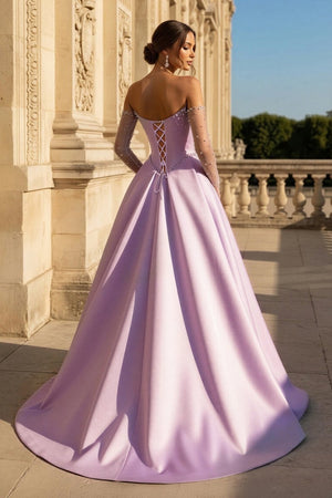 A-Line Lilac Sweetheart Satin Long Corset Prom Dress with Slit (Gloves are not Included) – Prom Dresses by KissProm | Available at KissProm