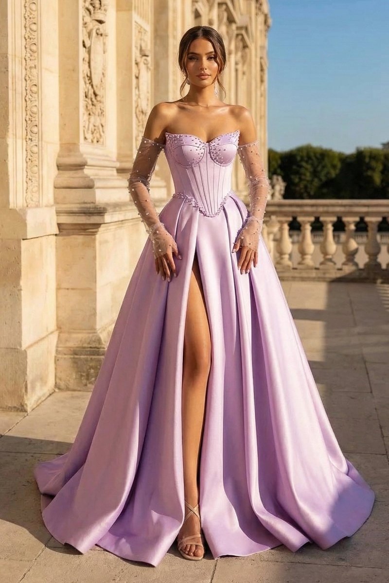 A-Line Lilac Sweetheart Satin Long Corset Prom Dress with Slit (Gloves are not Included) – Prom Dresses by KissProm | Available at KissProm