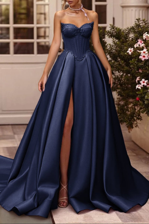 A-Line Lilac Sweetheart Satin Long Corset Prom Dress with Slit (Gloves are not Included) – Prom Dresses by KissProm | Available at KissProm