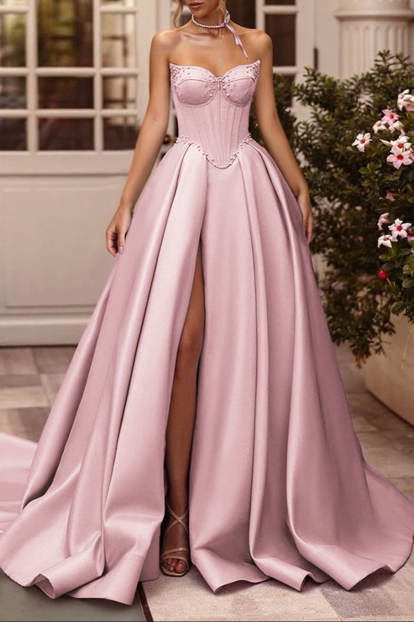 A-Line Lilac Sweetheart Satin Long Corset Prom Dress with Slit (Gloves are not Included) – Prom Dresses by KissProm | Available at KissProm
