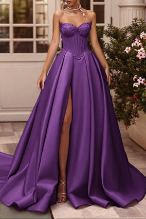 A-Line Lilac Sweetheart Satin Long Corset Prom Dress with Slit (Gloves are not Included) – Prom Dresses by KissProm | Available at KissProm