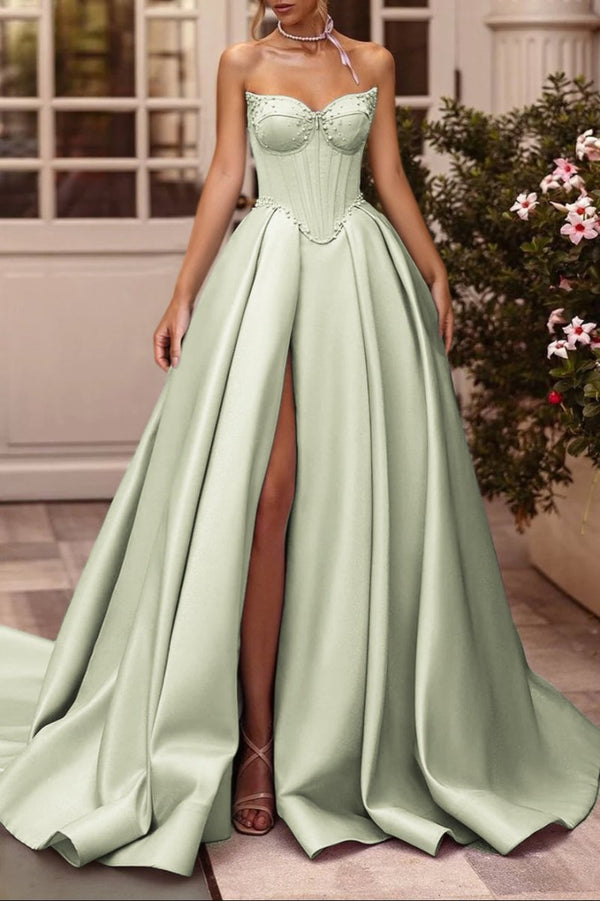 A-Line Lilac Sweetheart Satin Long Corset Prom Dress with Slit (Gloves are not Included) – Prom Dresses by KissProm | Available at KissProm