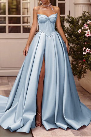 A-Line Lilac Sweetheart Satin Long Corset Prom Dress with Slit (Gloves are not Included) – Prom Dresses by KissProm | Available at KissProm