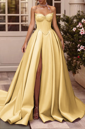 A-Line Lilac Sweetheart Satin Long Corset Prom Dress with Slit (Gloves are not Included) – Prom Dresses by KissProm | Available at KissProm