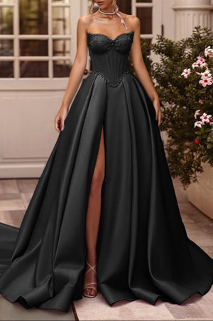 A-Line Lilac Sweetheart Satin Long Corset Prom Dress with Slit (Gloves are not Included) – Prom Dresses by KissProm | Available at KissProm