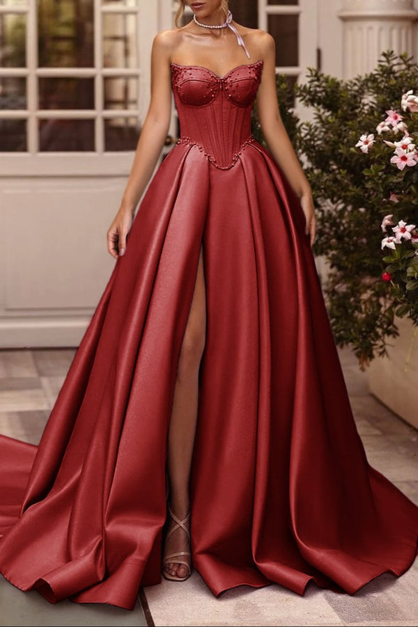 A-Line Lilac Sweetheart Satin Long Corset Prom Dress with Slit (Gloves are not Included) – Prom Dresses by KissProm | Available at KissProm