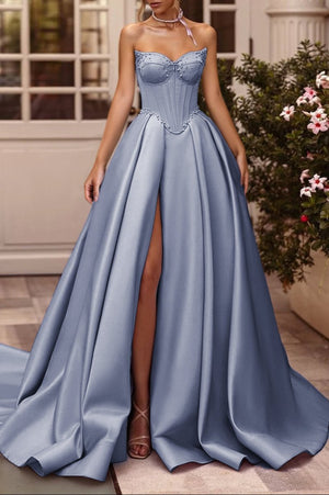 A-Line Lilac Sweetheart Satin Long Corset Prom Dress with Slit (Gloves are not Included) – Prom Dresses by KissProm | Available at KissProm