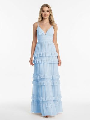 Decebal | A Line Pink Chiffon Tiered Ruffles Long Prom Dress - KissProm