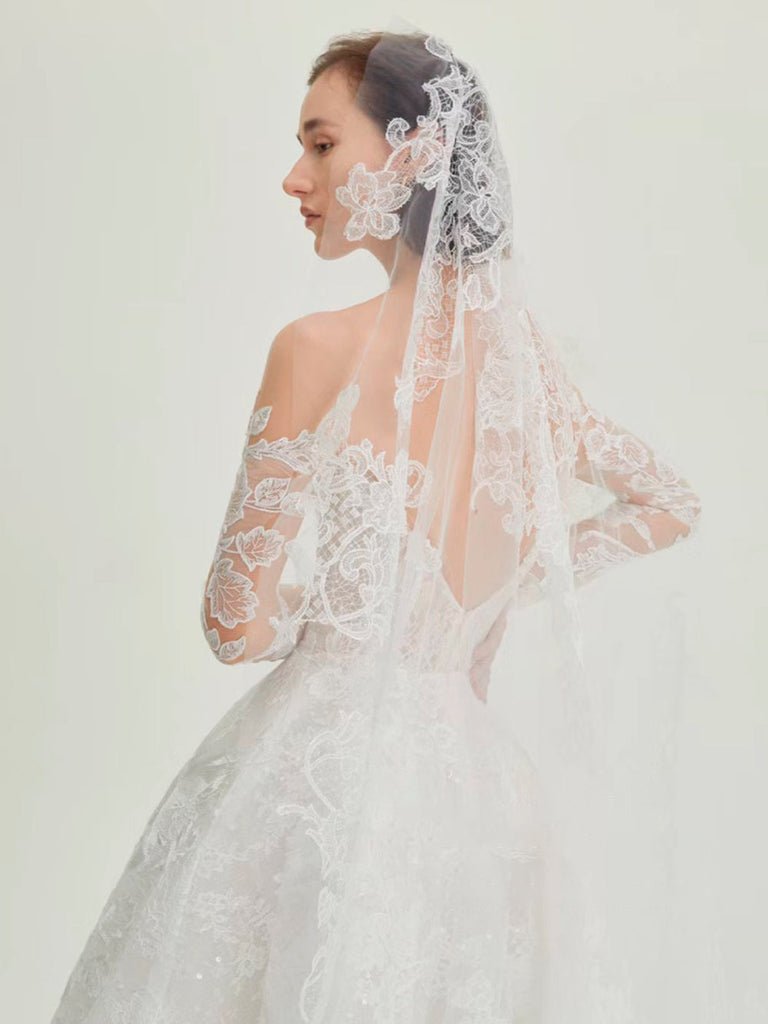Delicated Lace Traditional Drop Veils Ivory Tulle & Lace Wedding Veil - KissProm
