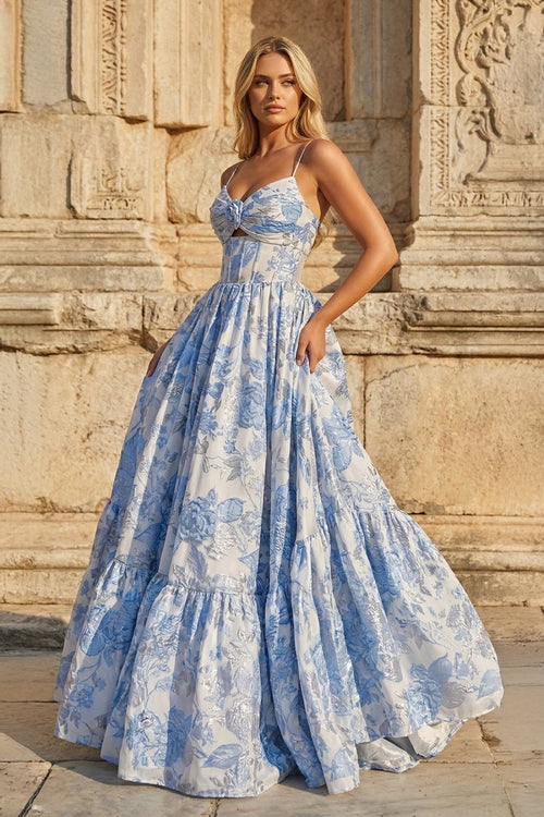 Blue A - Line Spaghetti Straps Floral Jacquard Satin Long Prom Dresses with Keyhole - KissProm