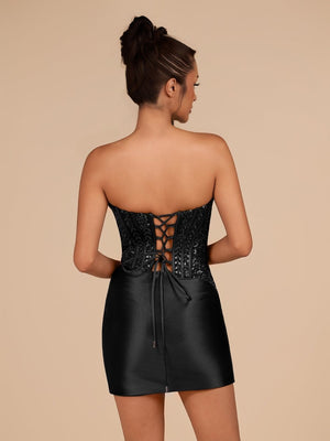 Delmira | Black - Strapless Bodycon Satin Pleated Short Homecoming Dresses With Beading