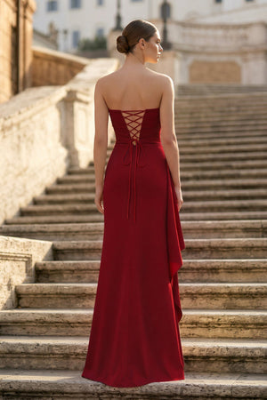Burgundy - Mermaid Strapless Satin Pleated Long Prom Dress with Slit