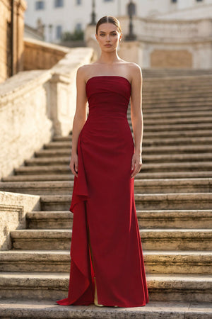 Burgundy - Mermaid Strapless Satin Pleated Long Prom Dress with Slit