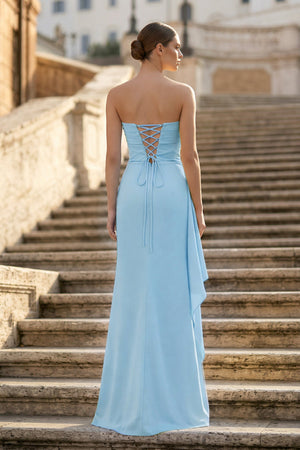 Sky Blue - Mermaid Strapless Satin Pleated Long Prom Dress with Slit