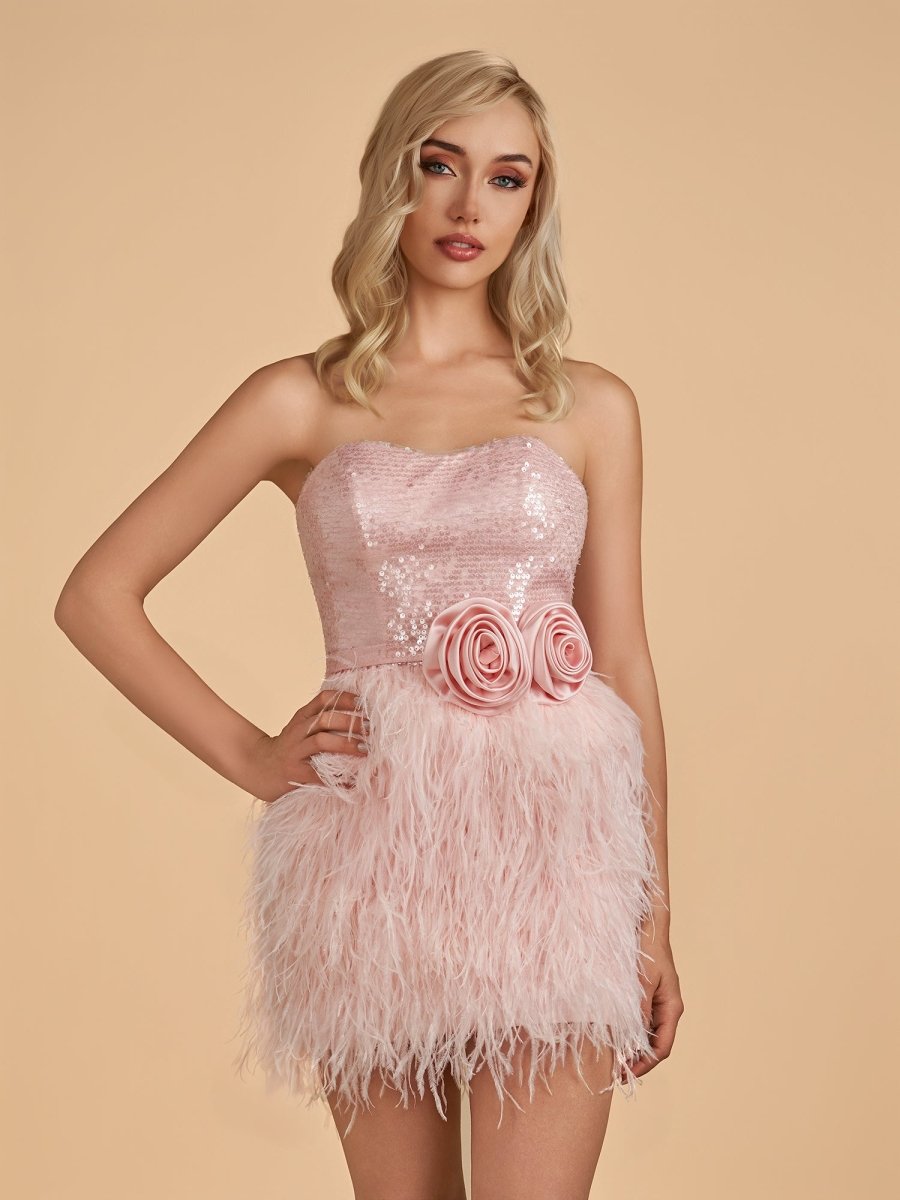 Pink - Bodycon Strapless Sequin Mini Party Dresses with Feathers – Homecoming Dress by KissProm | Available at KissProm