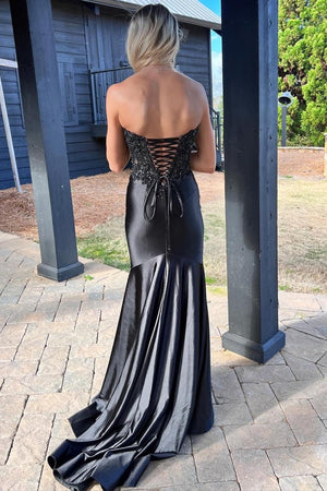 Mermaid Sweetheart Lace Satin Black Prom Dress with Slit – Prom Dresses by KissProm | Available at KissProm
