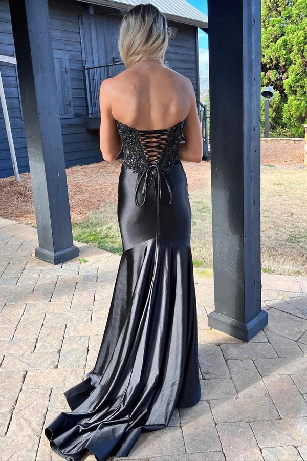 Mermaid Sweetheart Lace Satin Black Prom Dress with Slit – Prom Dresses by KissProm | Available at KissProm
