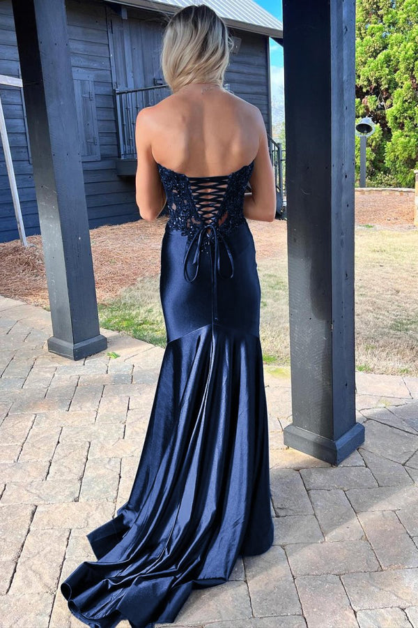 Mermaid Sweetheart Lace Satin Black Prom Dress with Slit – Prom Dresses by KissProm | Available at KissProm