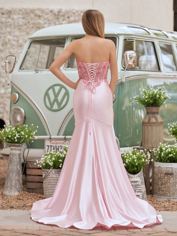 Mermaid Sweetheart Lace Satin Black Prom Dress with Slit – Prom Dresses by KissProm | Available at KissProm
