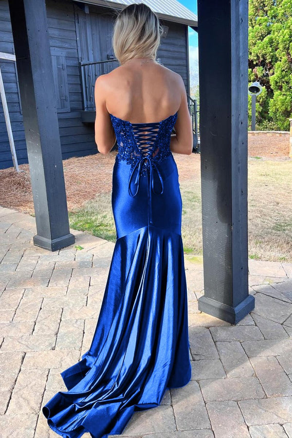 Mermaid Sweetheart Lace Satin Black Prom Dress with Slit – Prom Dresses by KissProm | Available at KissProm