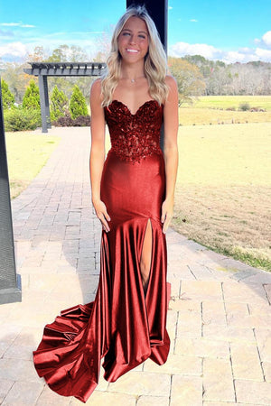 Mermaid Sweetheart Lace Satin Black Prom Dress with Slit – Prom Dresses by KissProm | Available at KissProm