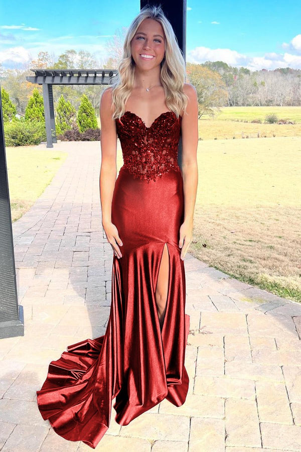 Mermaid Sweetheart Lace Satin Black Prom Dress with Slit – Prom Dresses by KissProm | Available at KissProm