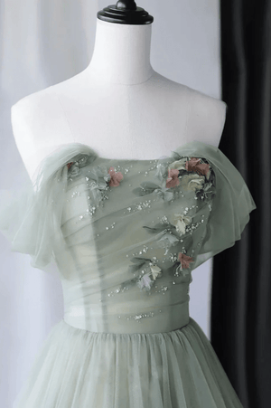 Princess Off the Shoulder Embroidering Tulle Sage Ball Gown – Prom Dresses by KissProm | Available at KissProm