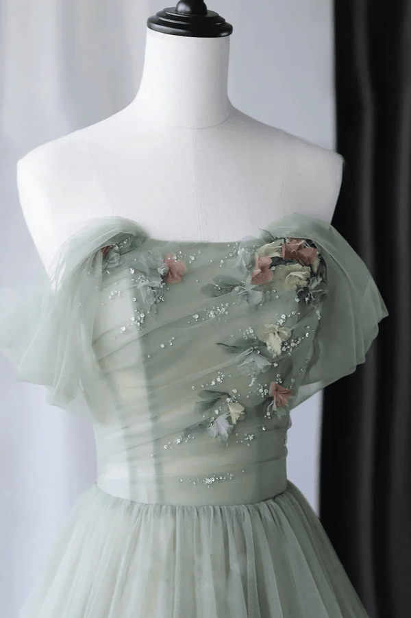 Princess Off the Shoulder Embroidering Tulle Sage Ball Gown – Prom Dresses by KissProm | Available at KissProm