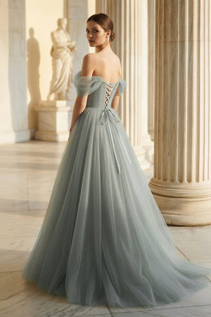 Princess Off the Shoulder Embroidering Tulle Sage Ball Gown – Prom Dresses by KissProm | Available at KissProm