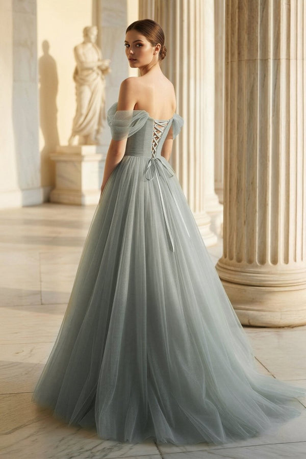 Princess Off the Shoulder Embroidering Tulle Sage Ball Gown – Prom Dresses by KissProm | Available at KissProm