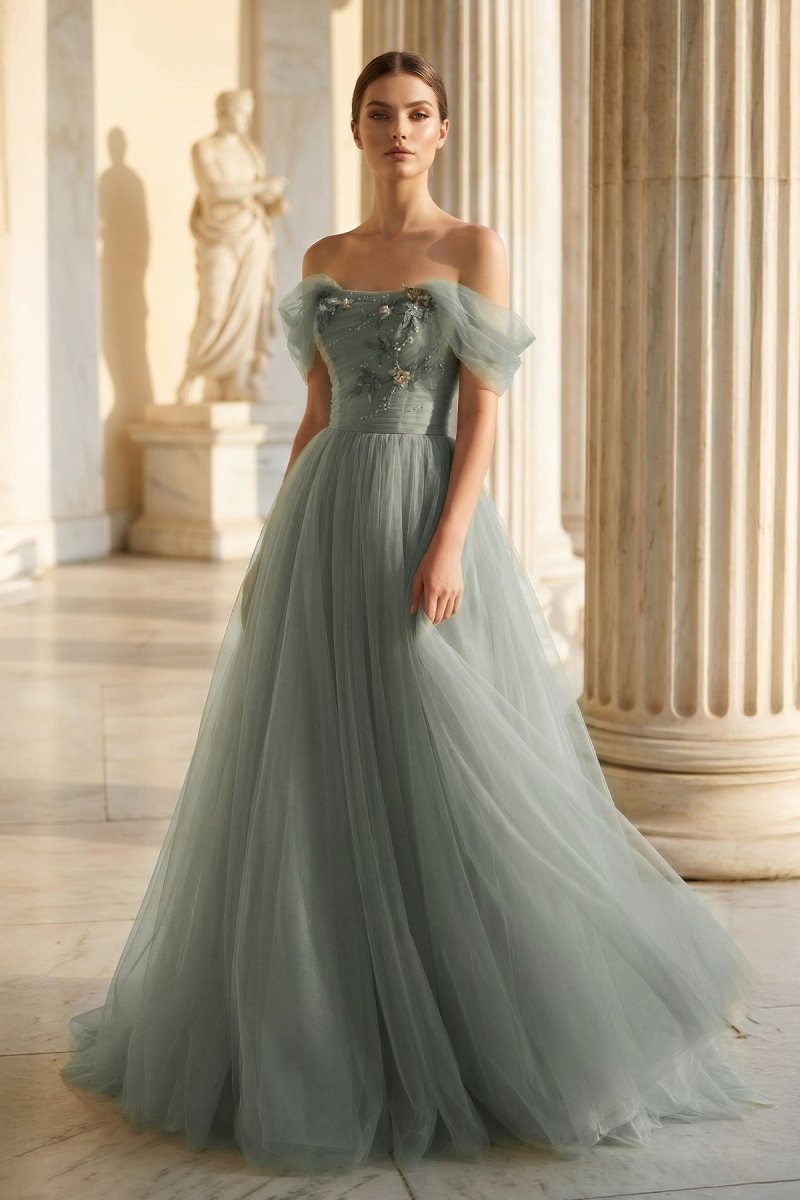 Princess Off the Shoulder Embroidering Tulle Sage Ball Gown – Prom Dresses by KissProm | Available at KissProm