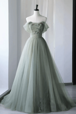 Princess Off the Shoulder Embroidering Tulle Sage Ball Gown – Prom Dresses by KissProm | Available at KissProm