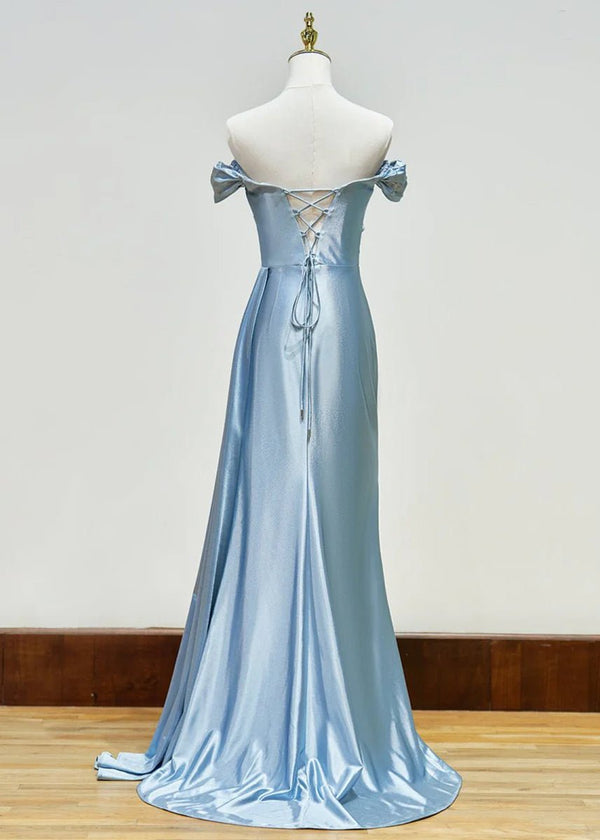 KissProm-Adelaide Dusty Blue Mermaid Satin Long Prom Dress With Slit