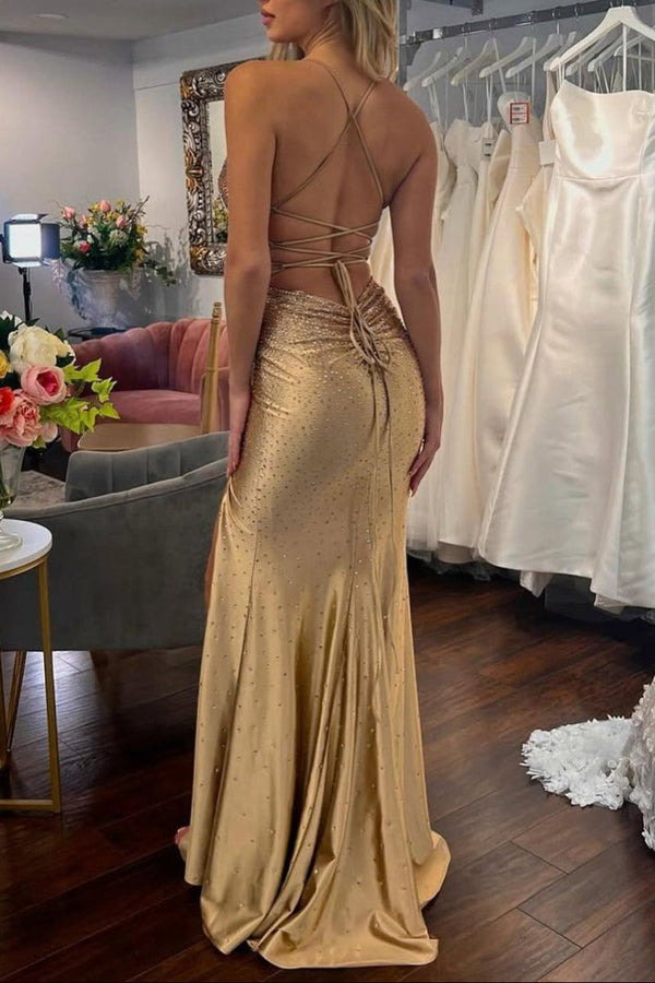 Sexy Mermaid Spaghetti Straps Satin Slit Prom Dress with Hot Stone – Prom Dresses by KissProm | Available at KissProm